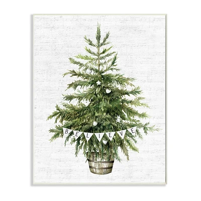 Stupell Industries Holiday Green Fir Tree with Believe Phrase Wood Wall Plaque