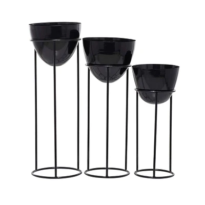 Set of 3 Black Iron Contemporary Planters, 13" x 13" x 13"