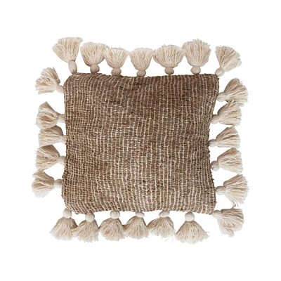 Natural & Cream Woven Cotton & Jute Pillow with Tassels