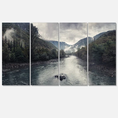 Designart - Mountain River with Fog and Rain