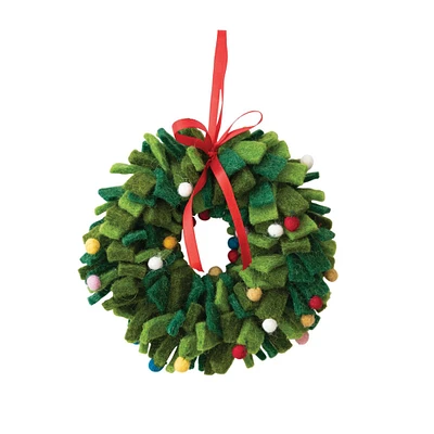 7" Green & Multicolor Pom Pom Round Wool Felt Wreath Ornament