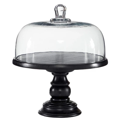 Black Wood and Glass Farmhouse Cake Stand with Cloche, 14" x 12" x 12"