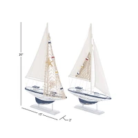 White Wood Coastal Sail Boat Sculpture Set