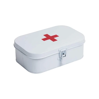 Mind Reader White Galvanized Steel Vintage First Aid Storage Box Locking Medicine Tin