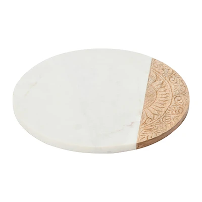 12" Round Contemporary Mango Wood & Marble Serving Board with Engraved Design