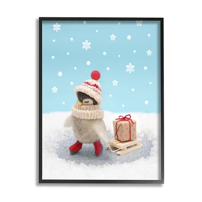 Stupell Industries Penguin Christmas Present Sled Framed Giclee Art