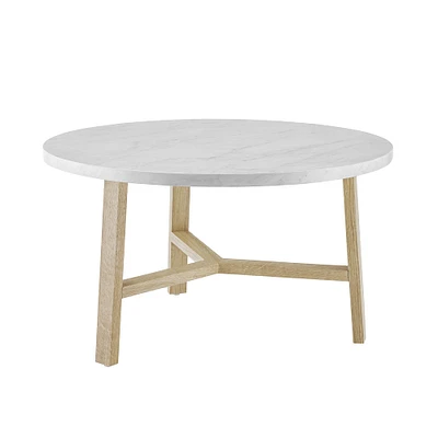 Faux White Marble & Light Oak Mid Century Modern Round Coffee Table