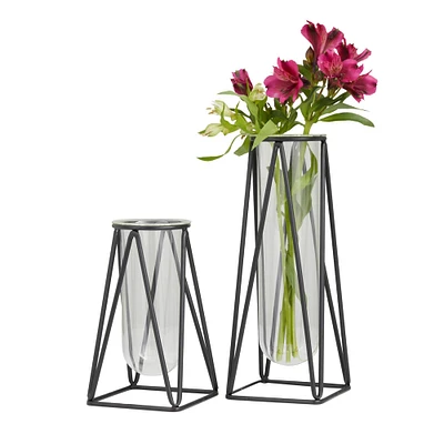 CosmoLiving by Cosmopolitan Set of 2 Black Iron Modern Vase, 13" x 5" x 5"