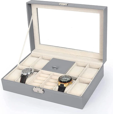 NEX™ 12" 8-Slot Gray Lockable Artificial Leather Watch Case Organizer