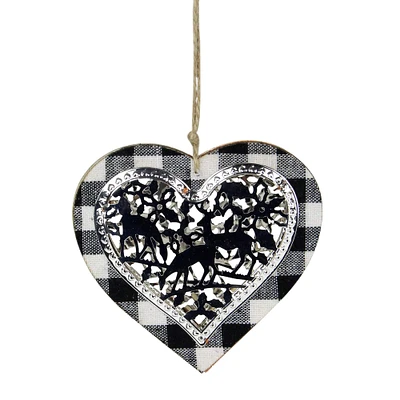 4.25" Black and White Buffalo Plaid Heart with Reindeer Christmas Ornament