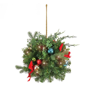 16" Be Merry LED Mixed Pine & Ornament Kissing Ball with Red Bow