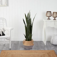 46" Sansevieria Artificial Plant in Boho Chic Handmade Cotton & Jute Gray Woven Planter