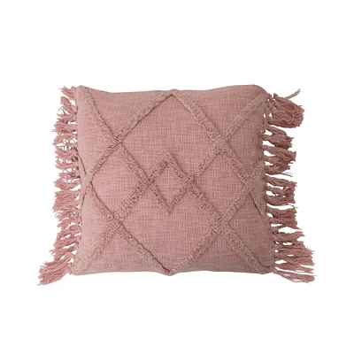 Pink Tufted Pattern Cotton Blend Pillow with Fringe