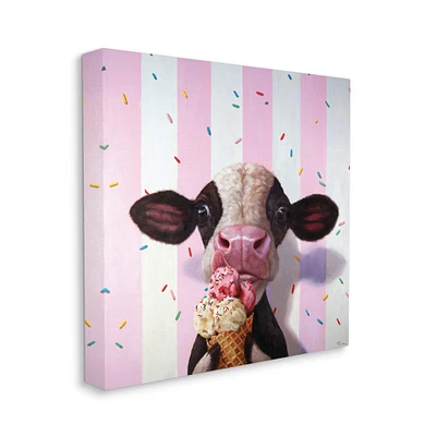 Stupell Industries Cute Baby Cow with Ice Cream Cone Pink Stripes Canvas Wall Art