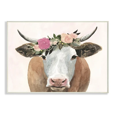 Stupell Industries Springtime Flower Crown Farm Cow with Horns Wall Plaque