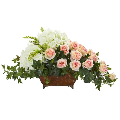 16" White & Pink Hydrangea & Rose Arrangement in Metal Planter