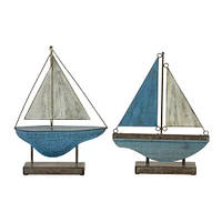 Set of 2 Blue Metal Coastal Sail Boat Sculpture, 17", 16"