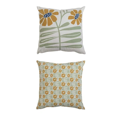 Embroidered Flowers Double Sided Printed Pillow Cover Set