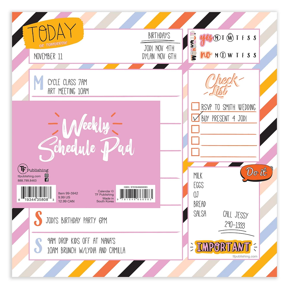 TF Publishing Super Stripe Weekly Square Schedule Pad