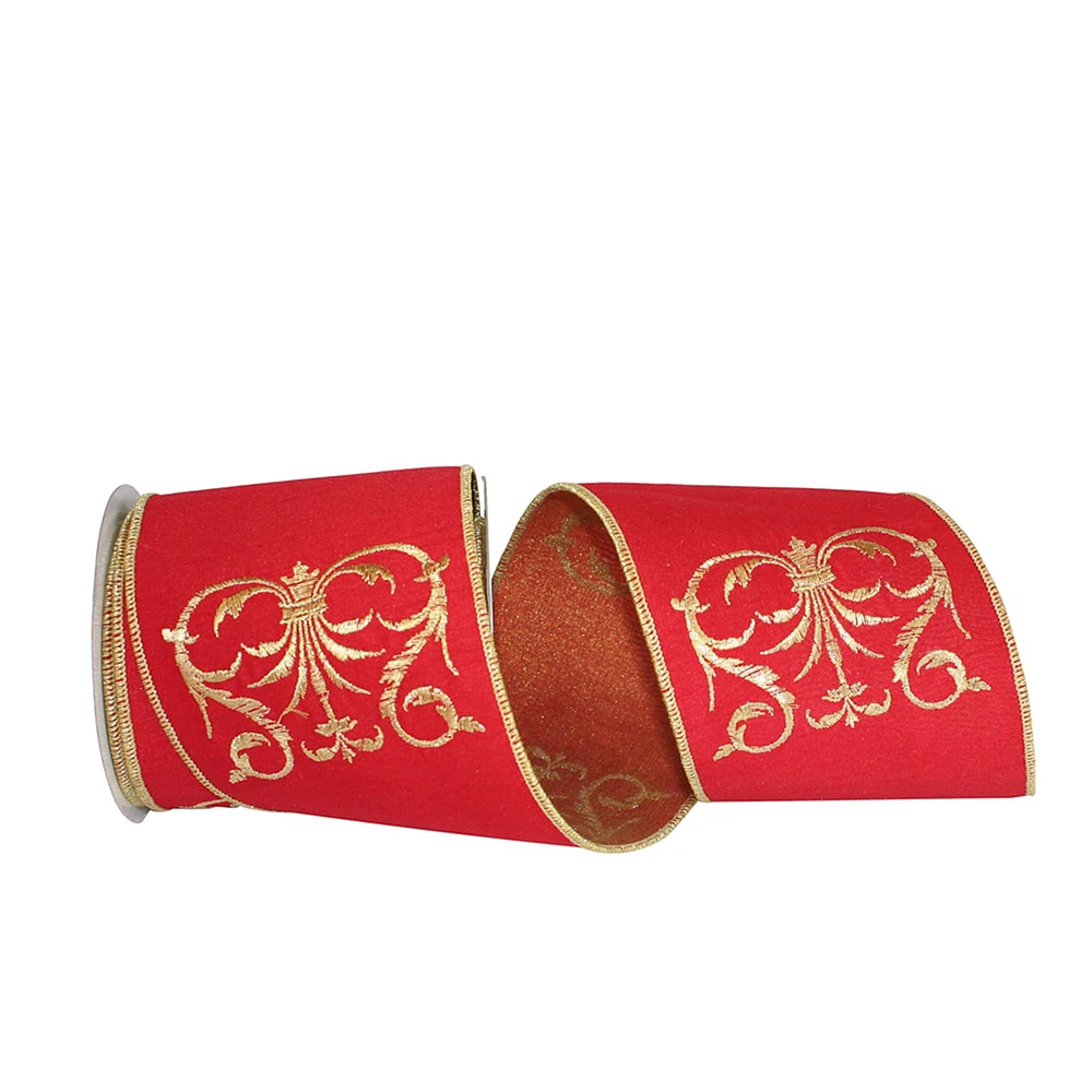 Reliant 4" x 5yd. Red & Gold Filigree Crest Dupione Wired Ribbon