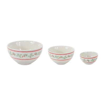 Mistletoe & Pine Holiday Stoneware Bowl Set, 3.5", 5" & 6.75"