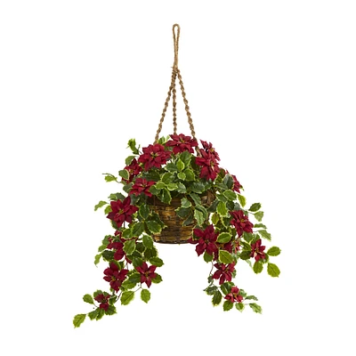 3.5ft. Real Touch Poinsettia and Variegated Holly Artificial Plant in Hanging Basket