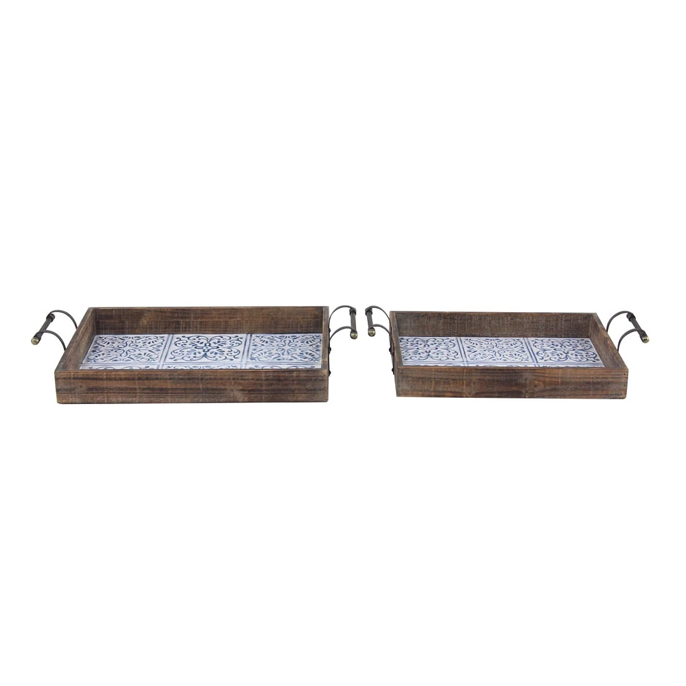 Natural Brown Wood Farmhouse Tray Set