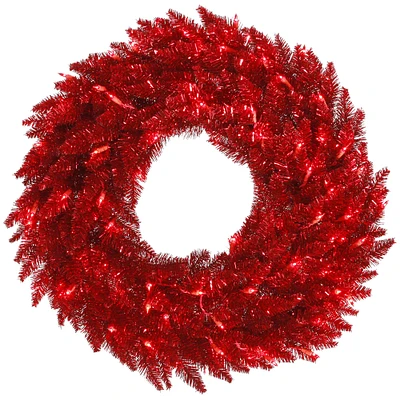 36" Pre-Lit Tinsel Red Fir Christmas Wreath, Red Lights