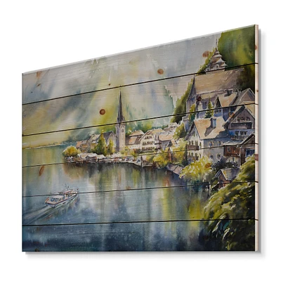Designart - Mountain Village By The River In Austria - Nautical & Coastal Print on Natural Pine Wood