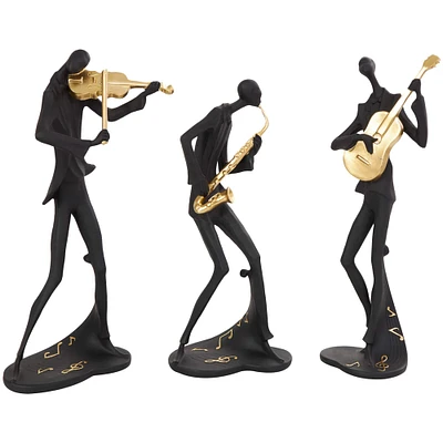 Black Polystone Abstract Musician Sculpture Set with Gold Instruments & Music Notes