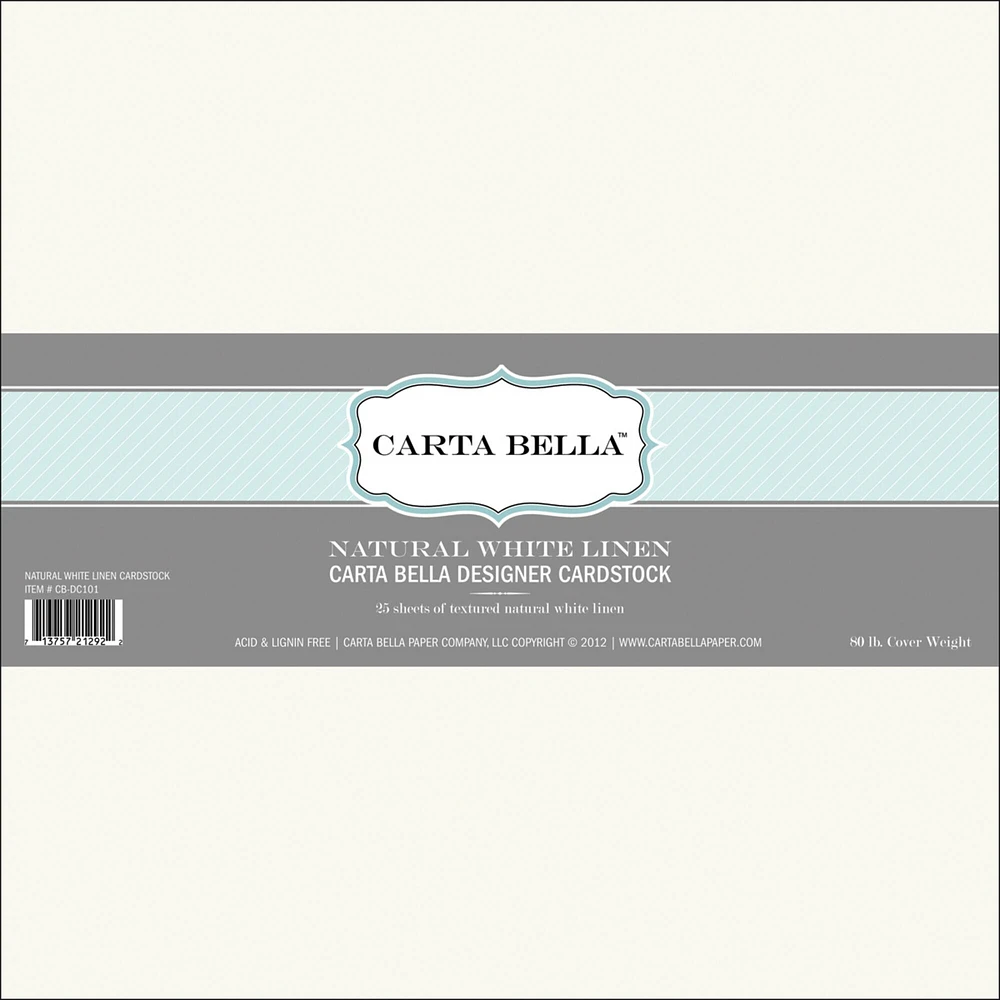 Carta Bella Paper Co. Natural White Linen 12" x 12" 80lb. Cover Cardstock, 25 Sheets