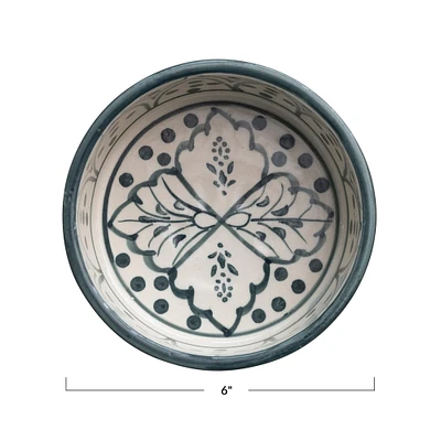 6" Cream & Blue Botanical Design Hand-Painted Stoneware Pet Bowl