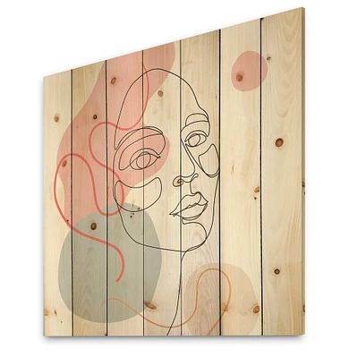 Designart - One Line Drawing of Young Woman In Pastel Tones - Modern Print on Natural Pine Wood