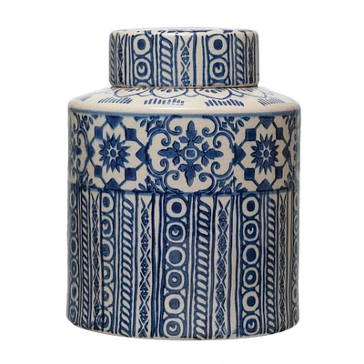 10" Blue & Cream Pattern Stoneware Ginger Jar