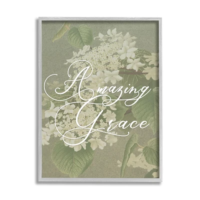 Stupell Industries Amazing Grace Phrase Vintage White Flower Blossoms Framed Wall Art