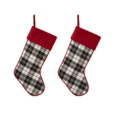 Glitzhome® 20" Black & White Plaid Stocking, Set Of 2