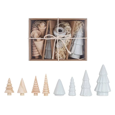 White & Natural Stoneware & Wood Christmas Trees Set