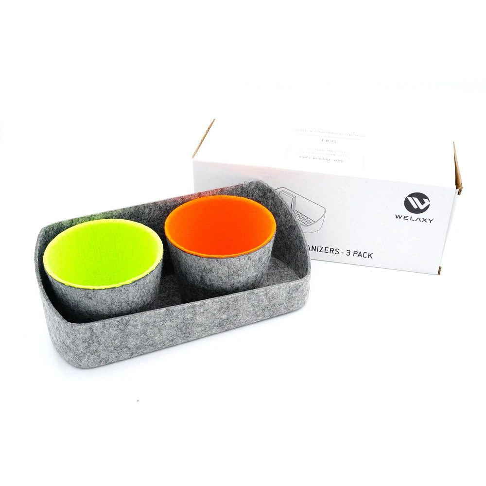 Welaxy Felt 3 Piece Gray Tray with Orange & Green Cups Desktop Organizer Set