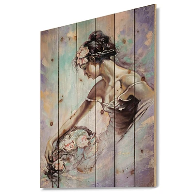 Designart - Girl with Flower Bouquet - Floral Art Print on Natural Pine Wood
