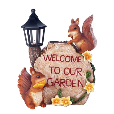 9.5" Solar Welcome To Our Garden Squirrels Statue