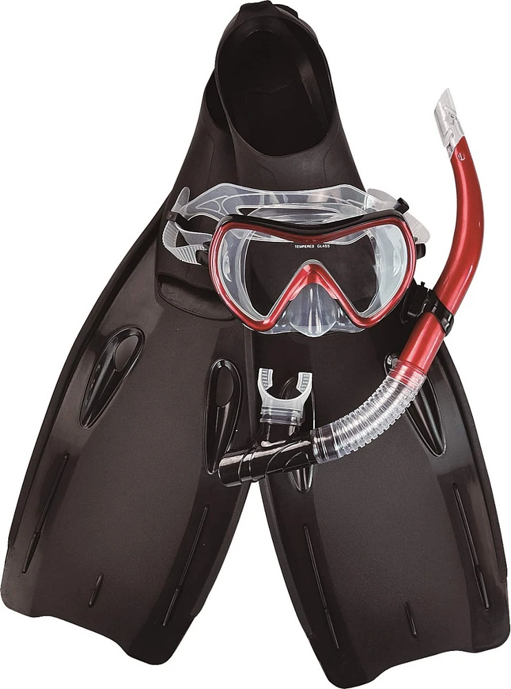 Red & Black Swim Medium Fins, Snorkel & Goggle Pool Set