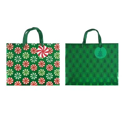 10" Round Peppermint & Christmas Tree Print Gift Bag Set by Celebrate It®