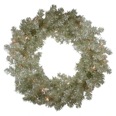 24" Pre-Lit Champagne Artificial Tinsel Christmas Wreath