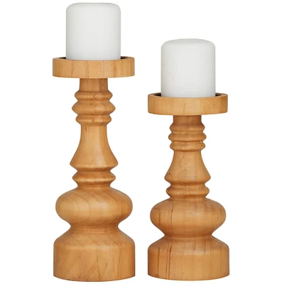 The Novogratz Brown Wood Round Turned Style Pillar Candle Holder Set