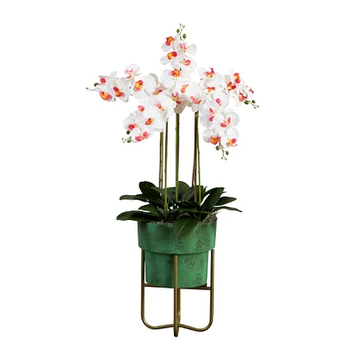 3.5ft. White Orchid Arrangement in Patina Metal Planter with Stand