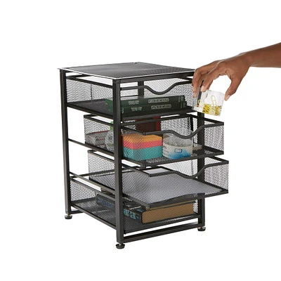 Mind Reader Black Metal Rolling Mesh Office Cart 4-Tiered Drawer Utility Storage Cabinet