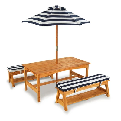 KidKraft Navy & White Stripes Outdoor Table & Bench Set with Cushions & Umbrella