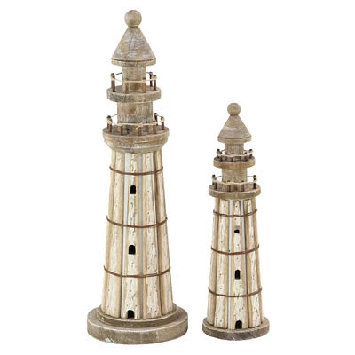 Set of 2 Brown Wood Coastal Light House Sculpture, 15", 20"