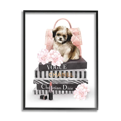 Stupell Industries Fluffy Puppy on Fashion Books Pink Florals Framed Wall Art