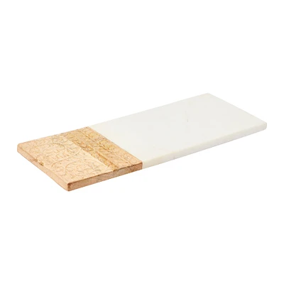 15" Contemporary Mango Wood & Marble Serving Board with Engraved Design